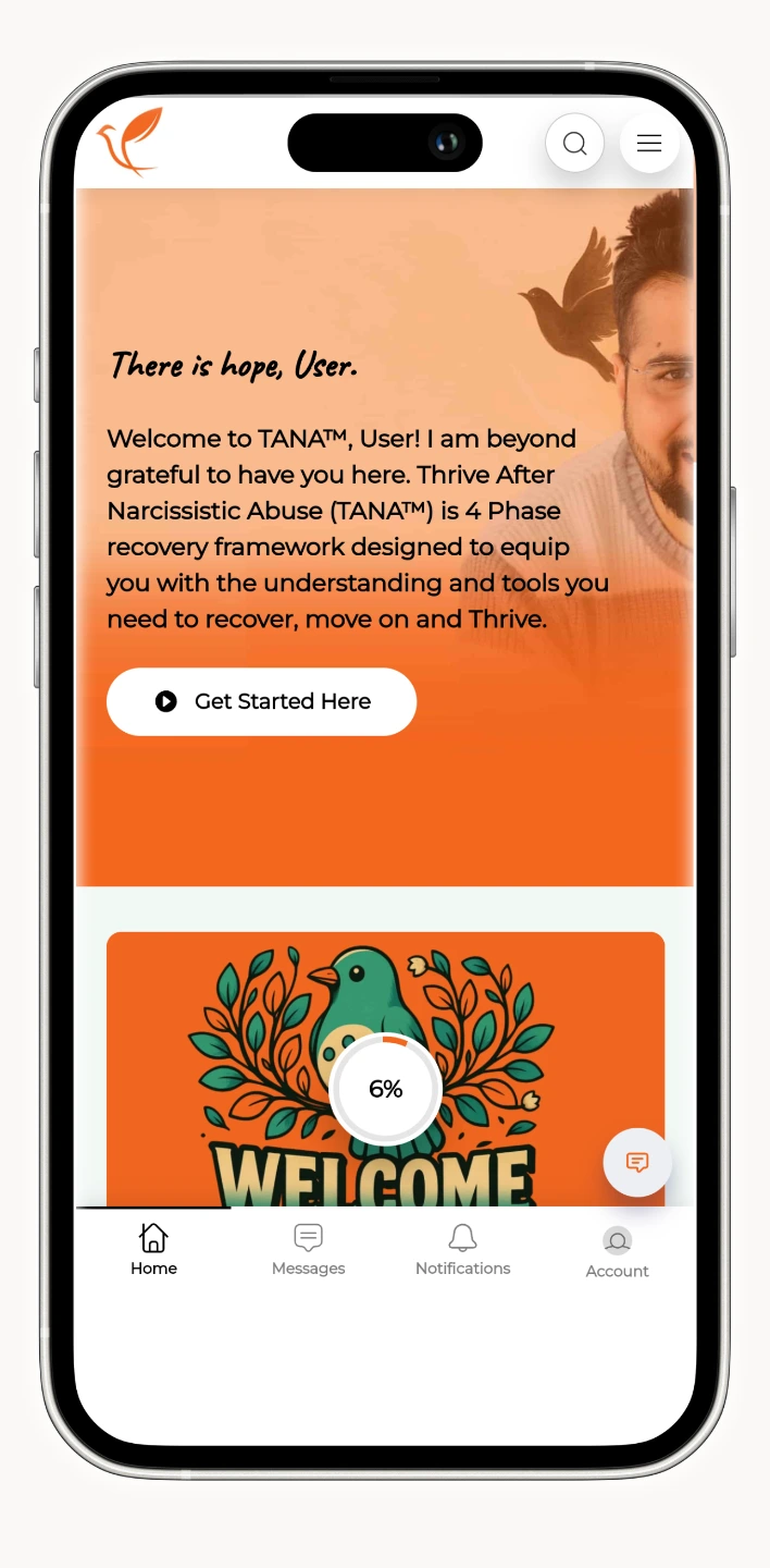 Thrive App on iPhone: welcome screen with healing tools, courses, and community