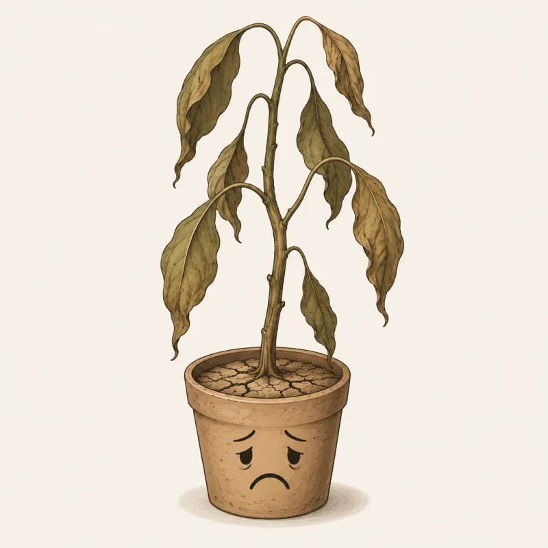 A wilting plant in dry cracked soil with a sad face on the pot