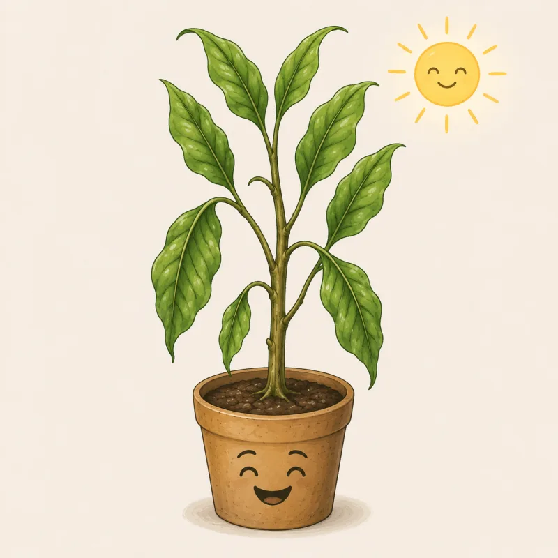 A healthy green plant in fresh soil with a smiling sun beside it